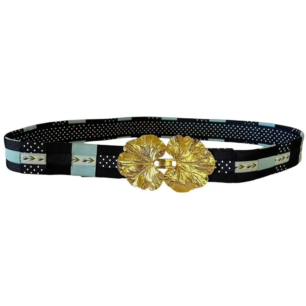 Mimi Di N Vintage Gold-Tone Leaf Buckle with Woven Blue Fabric Statement Belt